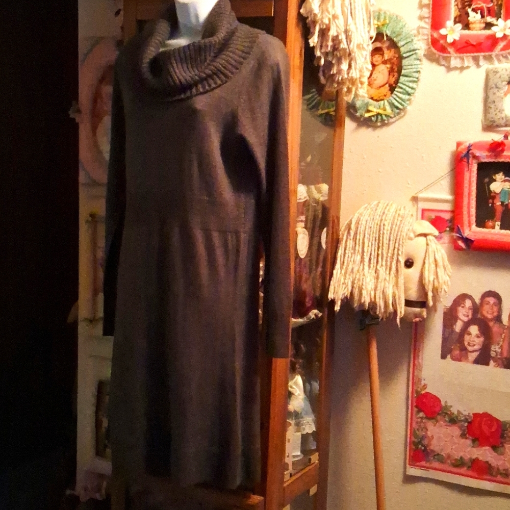 Acrylic Knit,Warm & Cozy,Long Sleeved,Cowl Neck,Gray,Sweater Dress,Sz.L🩶